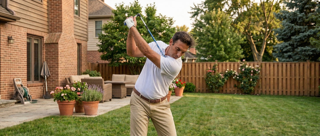 Golfer practising their backswing at home in the garden with a Sure-Golf training aid - golf training aids for beginners